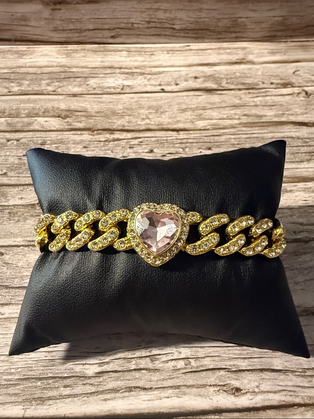 Iced Out Gold Plated Chain Bracelet with Pink Heart Crystal Rhinestone